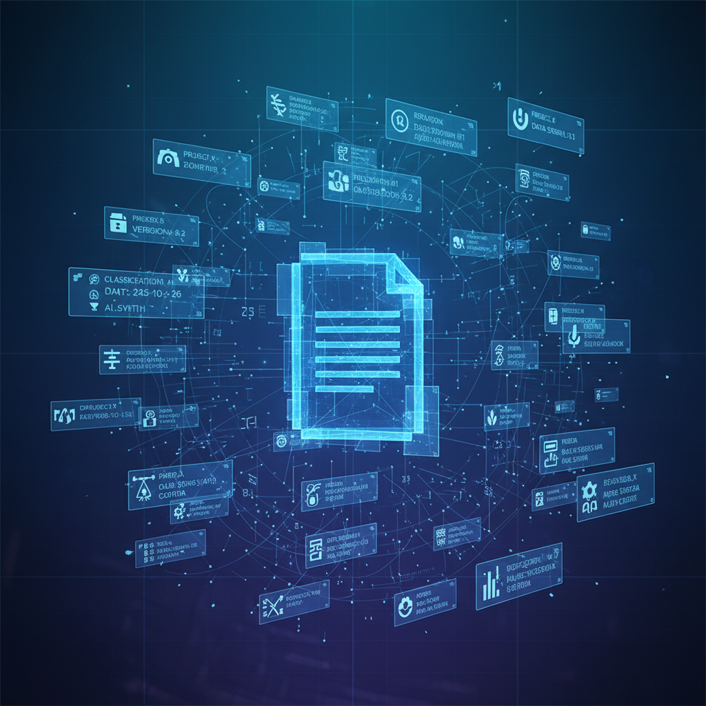 Abstract digital interface showing metadata tags floating around a document icon, futuristic style