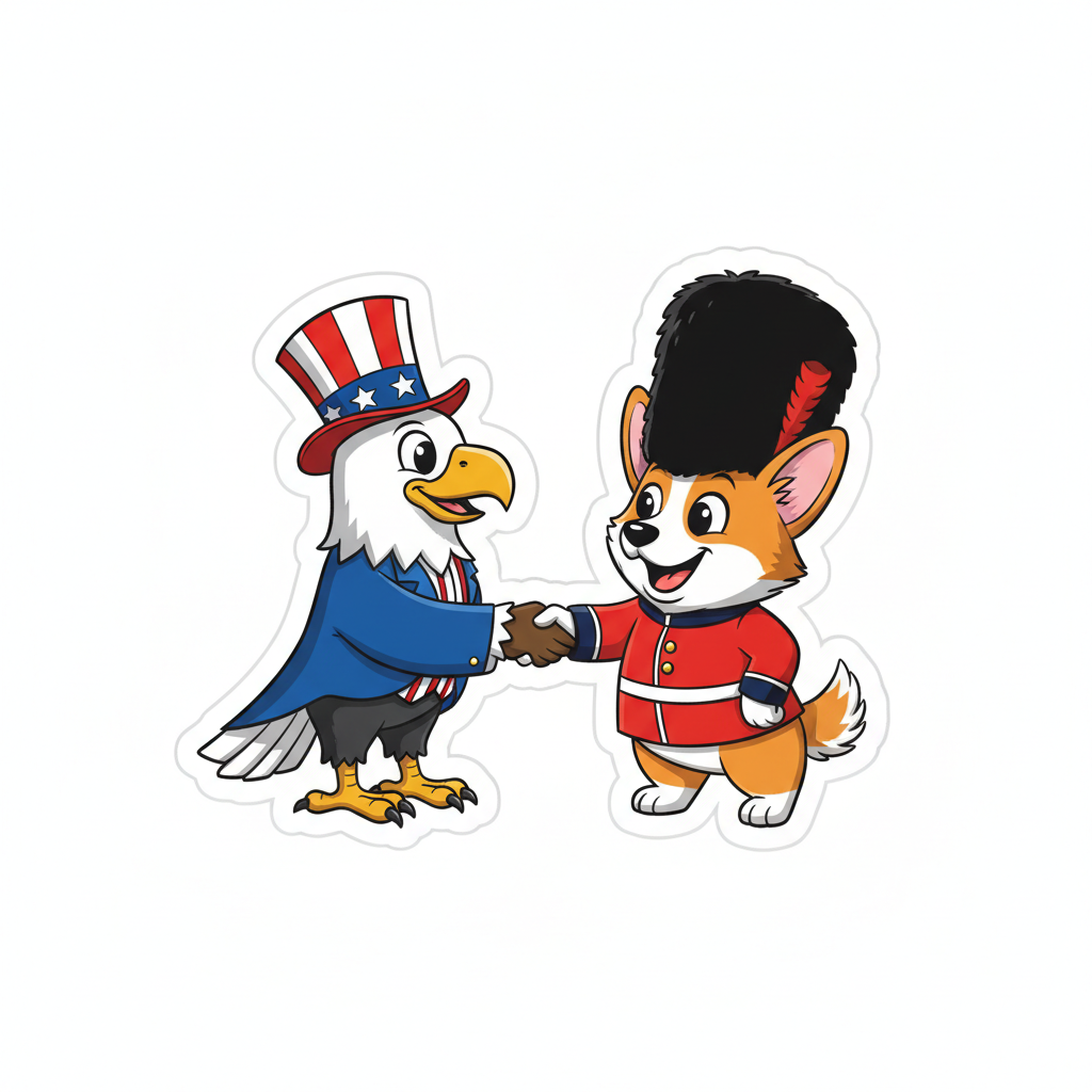 A cute cartoon corgi dog wearing a British Royal Guard hat shaking hands with a cartoon bald eagle wearing an American uncle sam hat, white background, bright colors, sticker style.