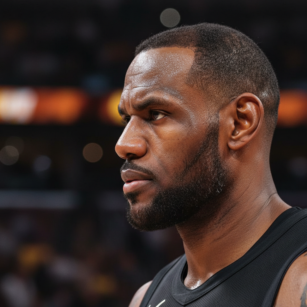 Close-up profile of LeBron James looking determined