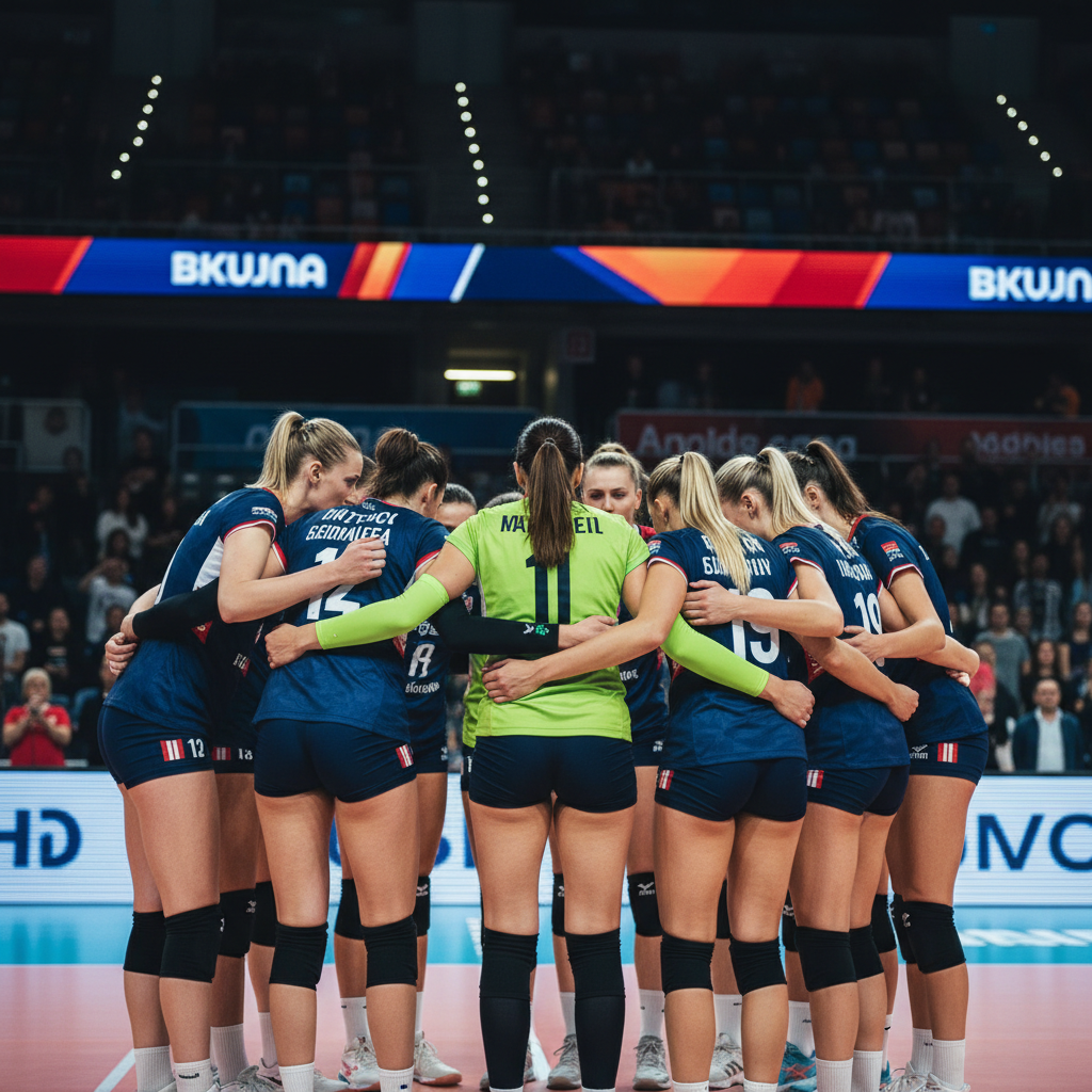 Volleyball team huddle, one player wearing a distinctively different colored jersey (libero), professional sports setting