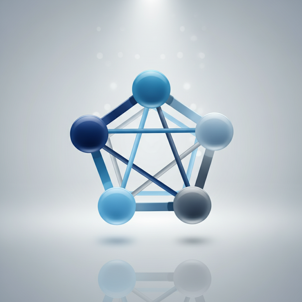 An abstract pentagon diagram showing five interconnected nodes labeled Actors, Decision-making, Interactions, Dependencies, Accountability, corporate clean style