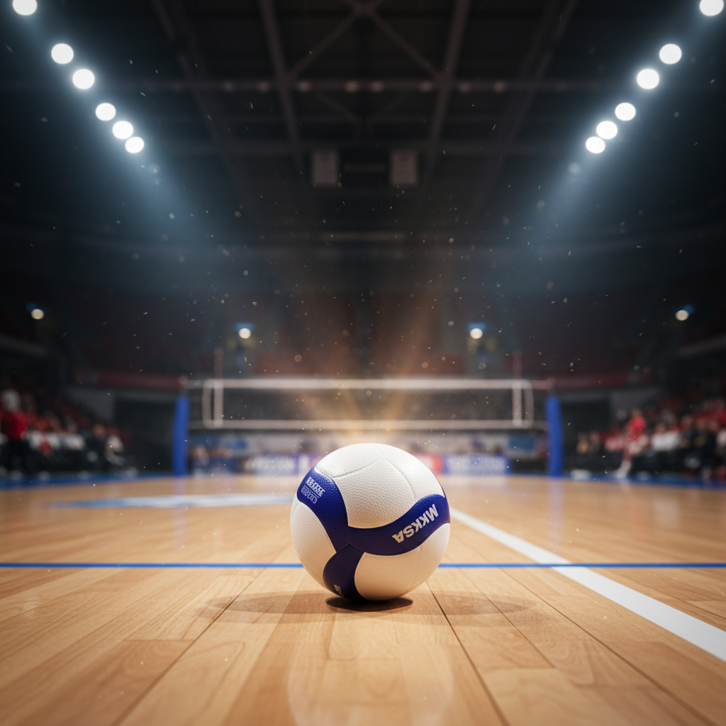 Cinematic shot of a volleyball resting on an indoor court floor, professional lighting, blurred stadium background, high detail, 4k