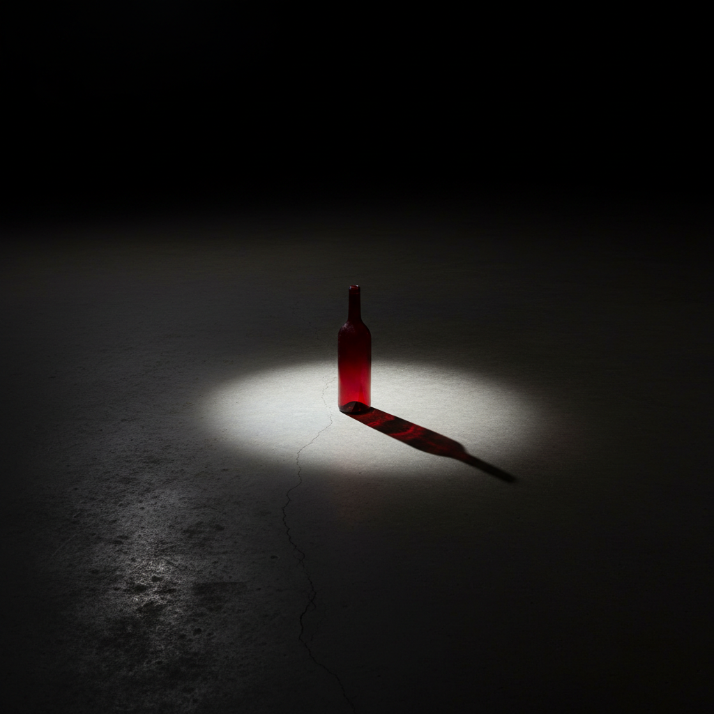 Minimalist photography of a single red bottle alone on a vast empty concrete floor, spotlight, dramatic shadows, symbolizing failure