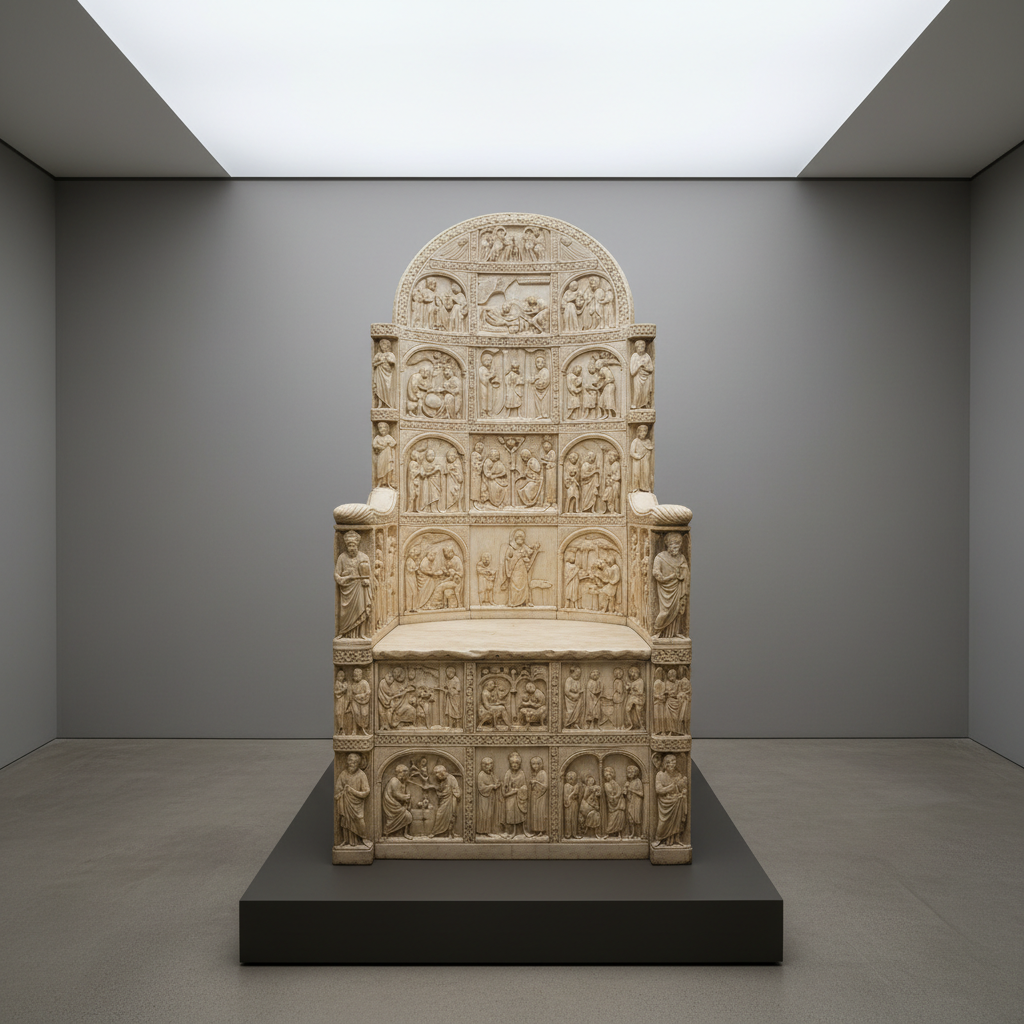 Throne of Maximian Ravenna, ivory chair, full view, museum photography, neutral background