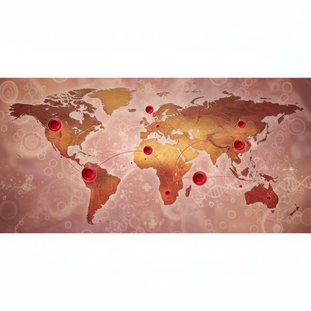 Artistic world map with red blood cell network global connections, global health and biology concept, soft red and earth tones, medical theme background, high quality, elegant