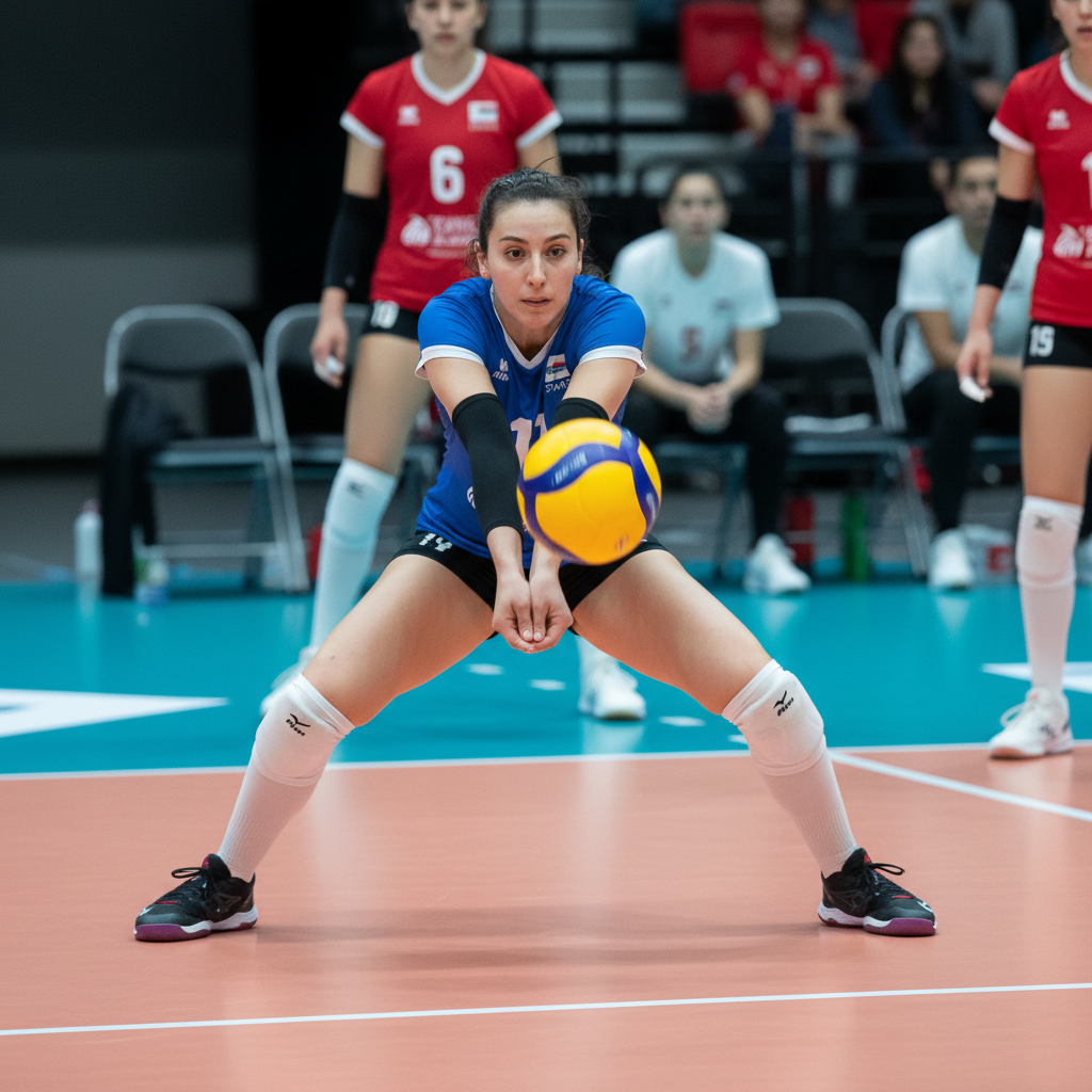 Volleyball libero player in a contrasting jersey color receiving the ball, focus on defensive action, sports court background