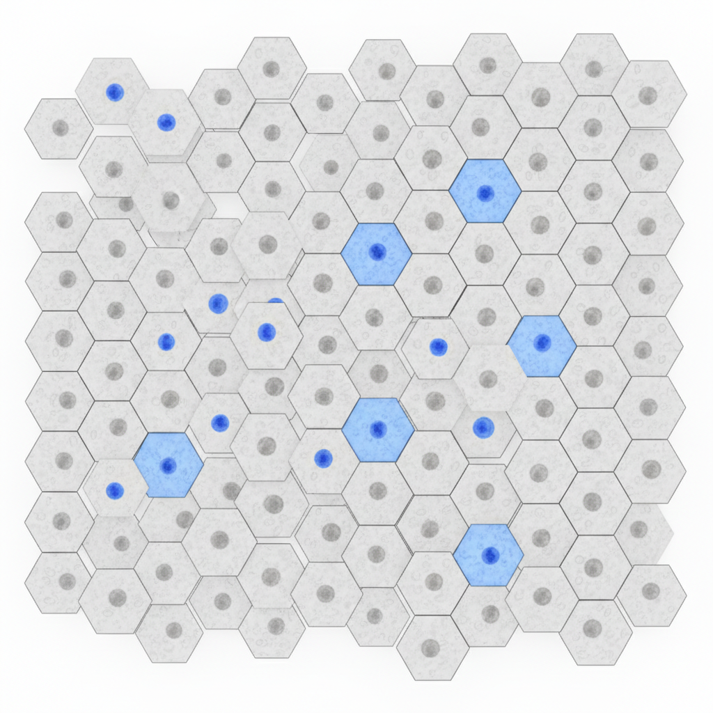 Hexagonal grid pattern of biological cells with specific cells highlighted in blue forming a regular spaced pattern, white background, scientific diagram style