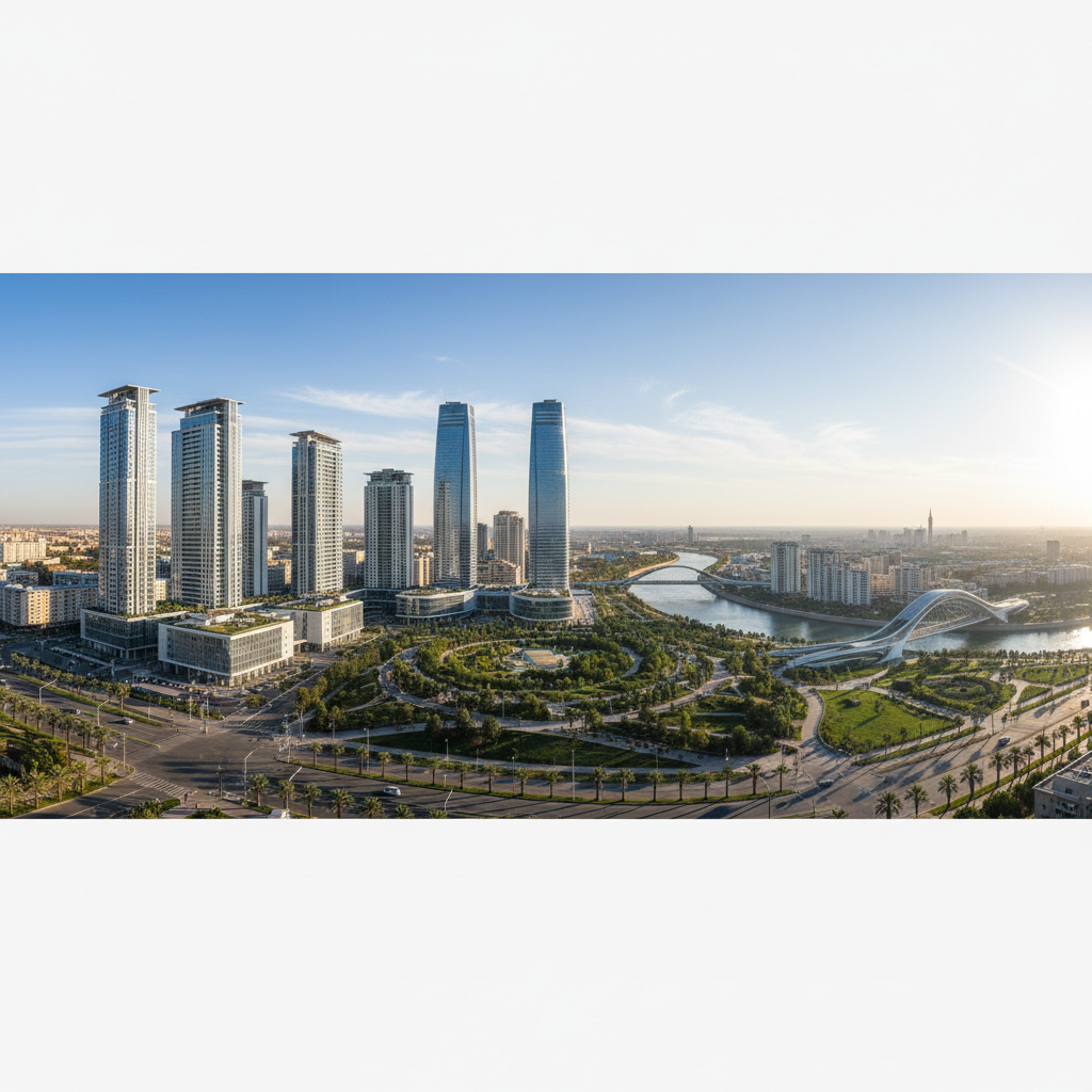 Modern panoramic view of Shymkent city skyline with modern architecture and sunny sky, photorealistic 8k