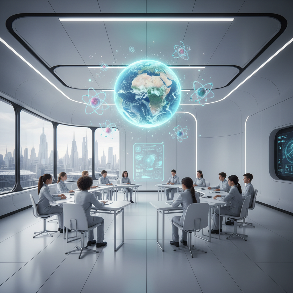 A futuristic classroom concept with holographic projections of earth and atoms, clean minimal design, cinematic lighting, 8k