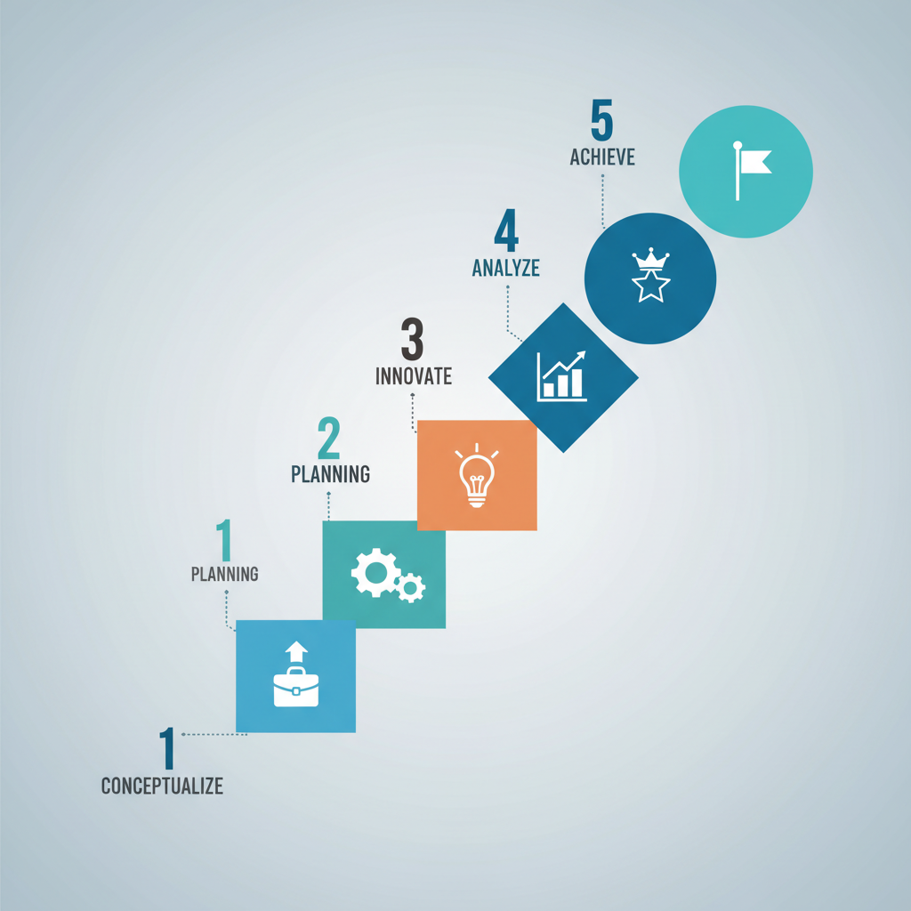 infographic style icons distinct steps leading upwards, clean vector style, business colors