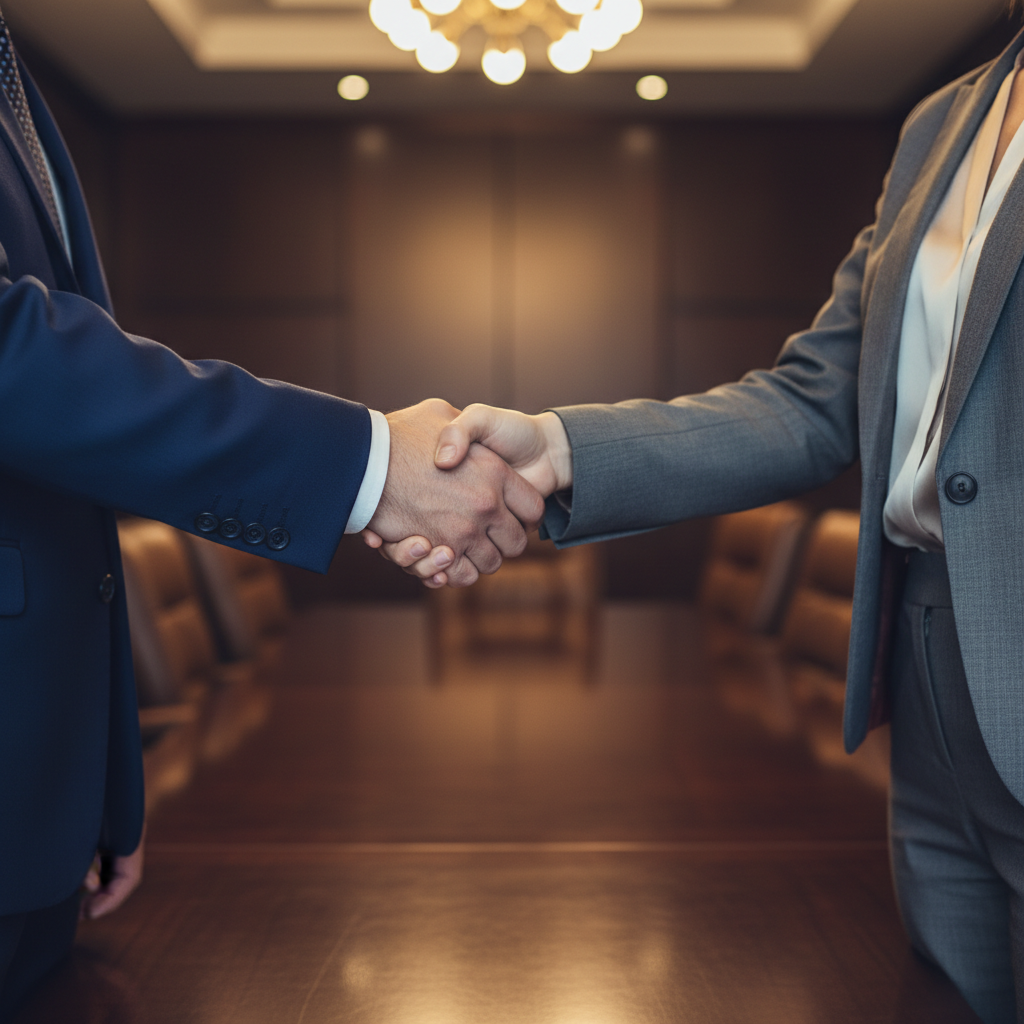 Close up handshake in a corporate boardroom, warm lighting, shallow depth of field, professional attire, signifying agreement