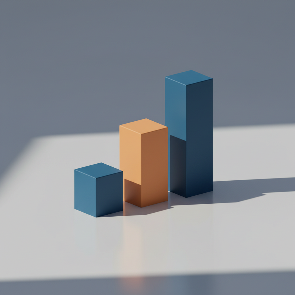 A minimalist illustration of three geometric blocks of increasing heights standing on a smooth surface, soft lighting, 3d render style, blue and orange color palette