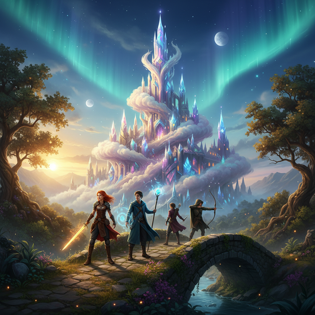 fantasy movie scene with a magical castle and young adventurers, cinematic lighting, adventure style, realistic