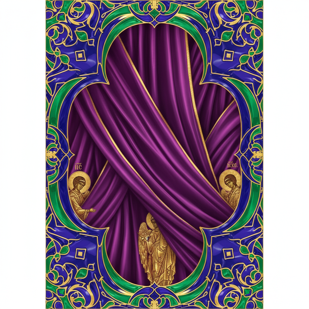 Color palette of byzantine art: tyrrian purple, gold, deep lapis lazuli blue, emerald green, texture of silk and enamel