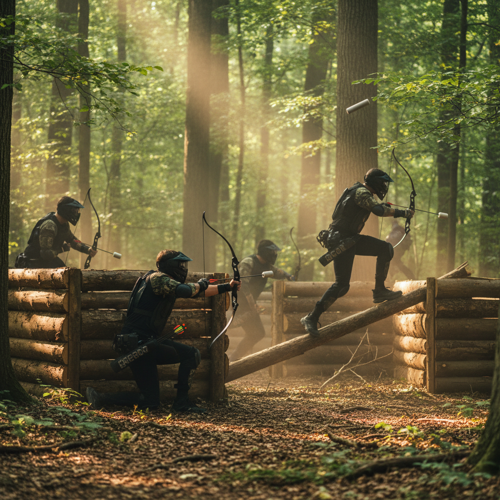 People playing combat archery tag in a dense forest, wearing protective face masks and holding bows, hiding behind wooden bunkers. Action packed, cinematic lighting, 8k.