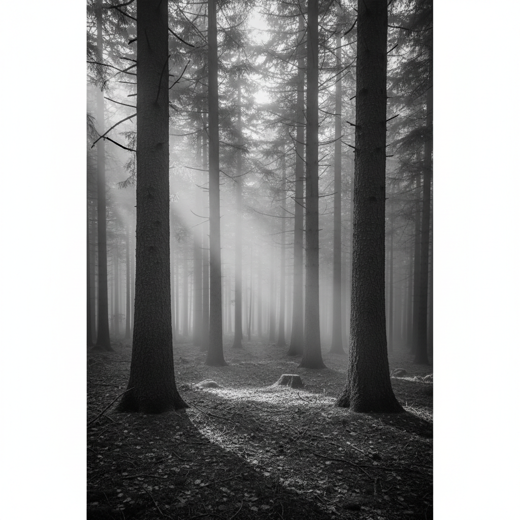 A solemn, misty forest with tall pine trees, black and white photography style, atmospheric and moody