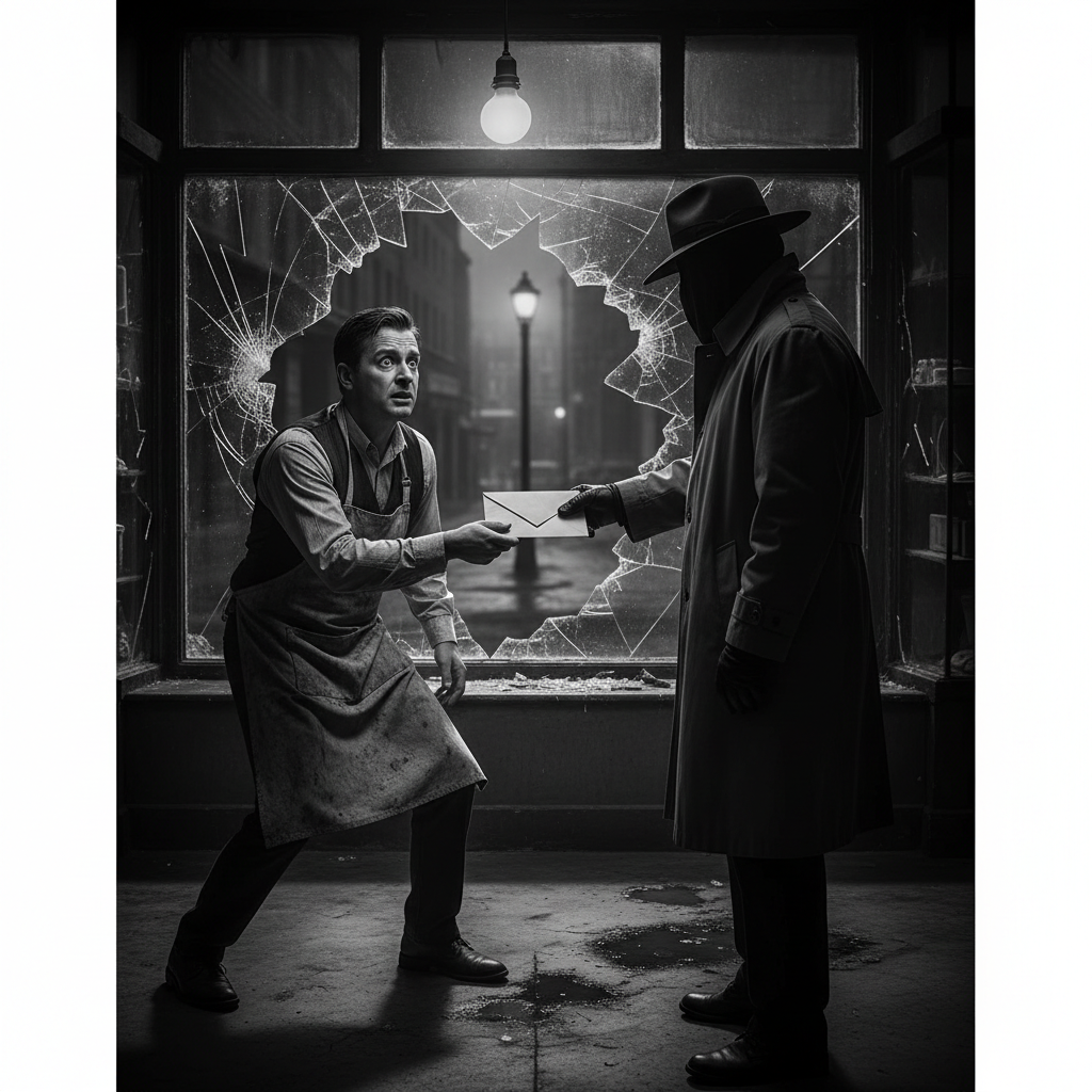 Shopkeeper handing an envelope to a shady figure, broken shop window, fear, noir style