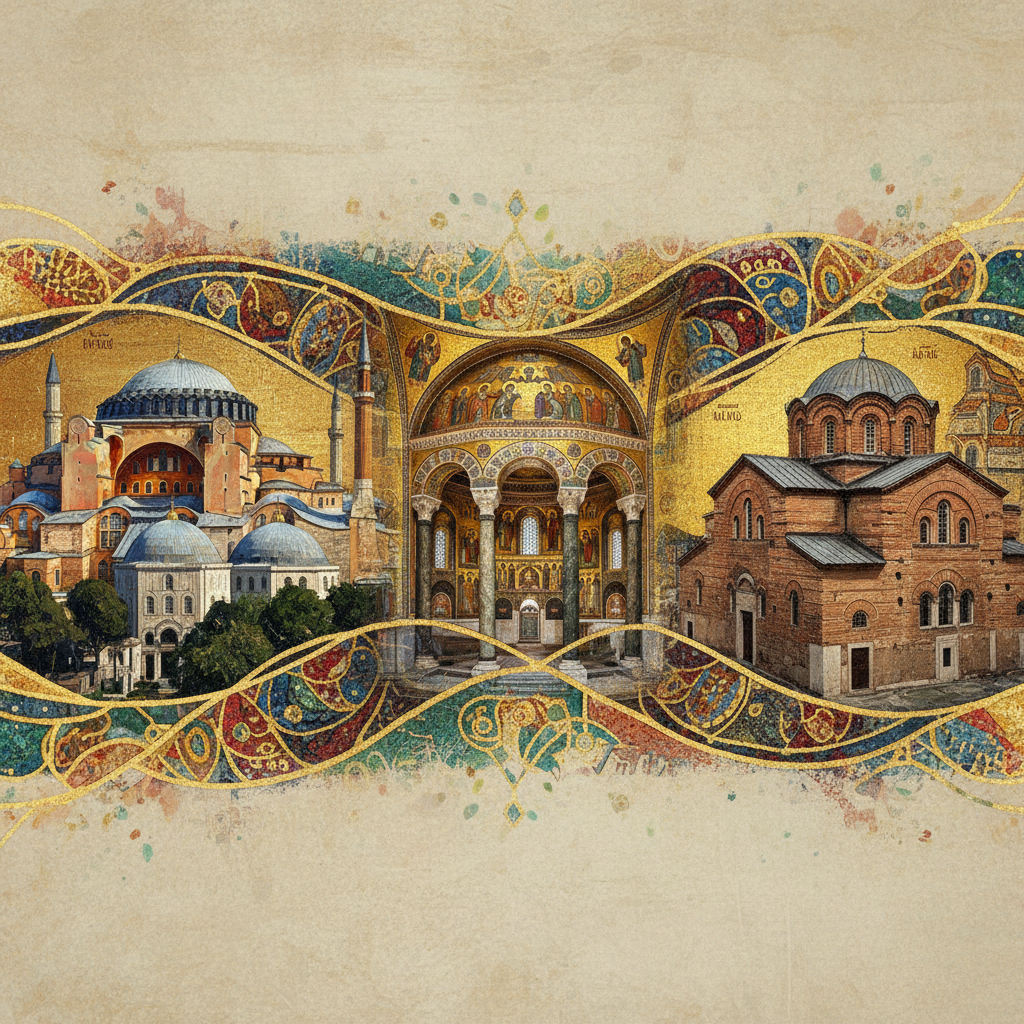 Collage or artistic representation of three distinct Byzantine churches: Hagia Sophia, San Vitale, and a small classic cross-in-square church, unified style