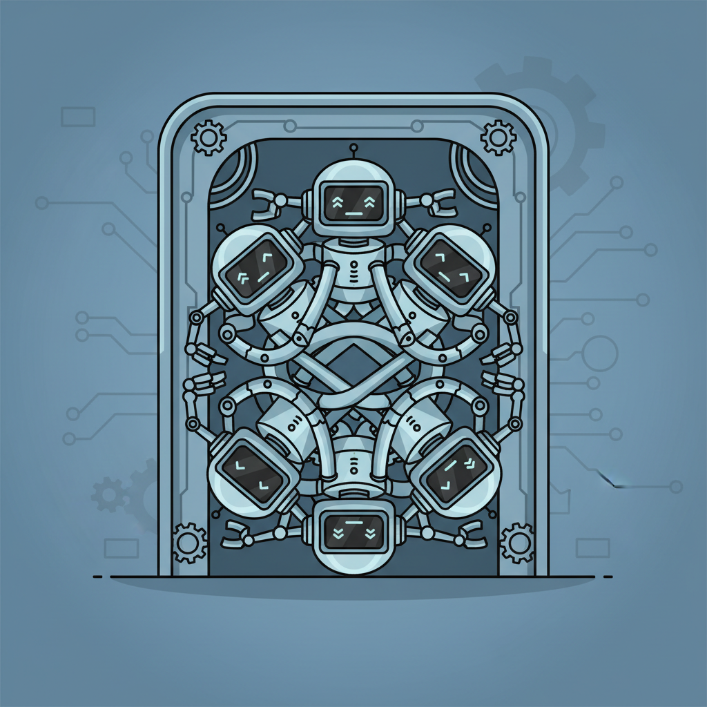 Cartoon illustration of identical robots simultaneously trying to pass through a single door and getting stuck, representing symmetry deadlock