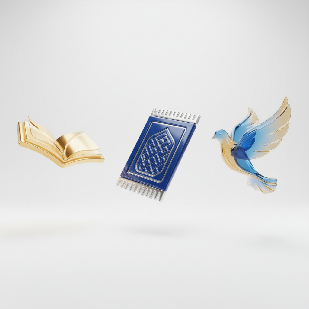 Three simple, elegant 3D abstract icons floating in white space: an open book symbol (knowledge), a prayer mat symbol (prayer), and a dove symbol (peace), soft studio lighting, gold and blue materials