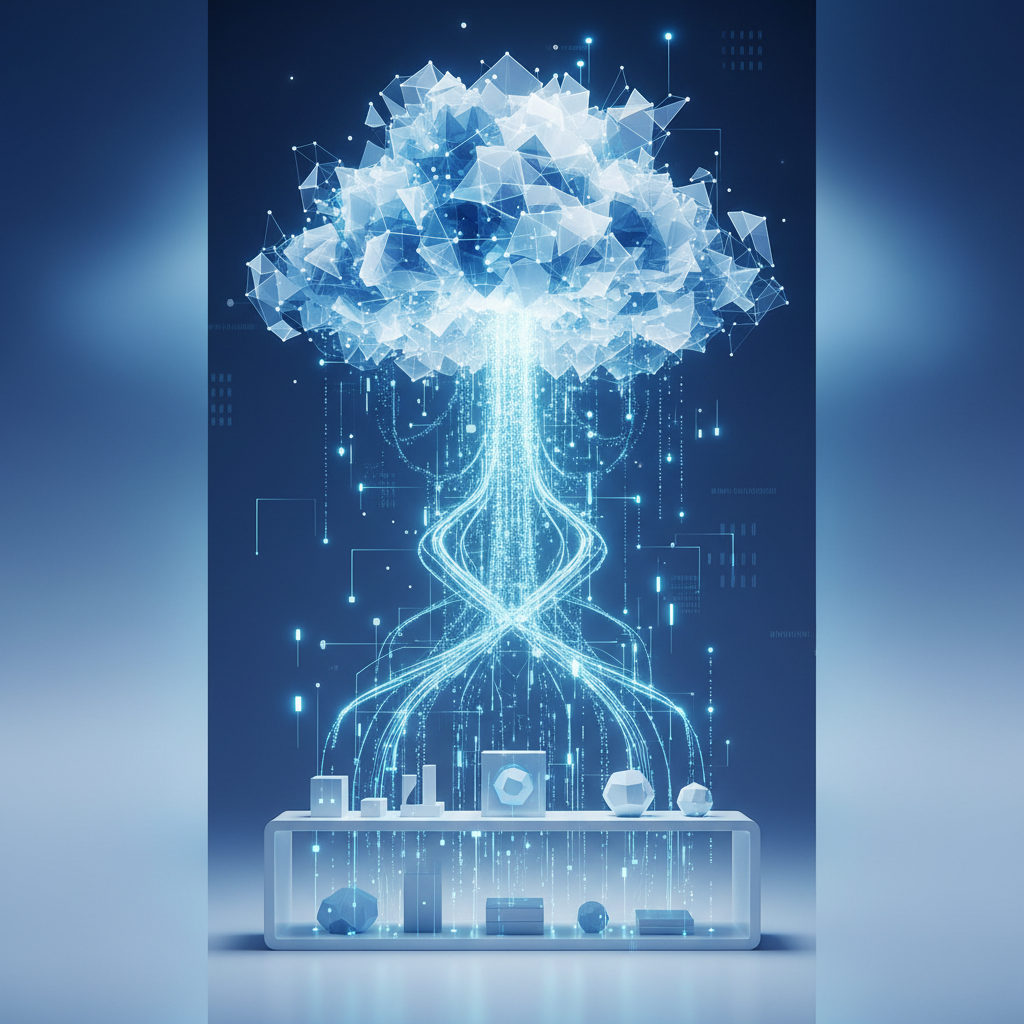 Abstract 3D visualization of glowing data points connecting items on a shelf to a digital cloud, clean, sleek, high-tech style, blue and white color palette