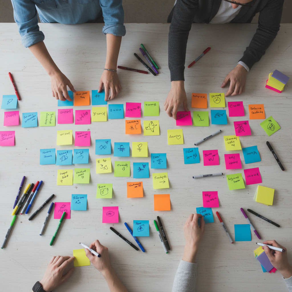 Top-down view of a workshop table with colorful post-it notes, sharpies, and hands organizing ideas, creative planning session, neutral lighting