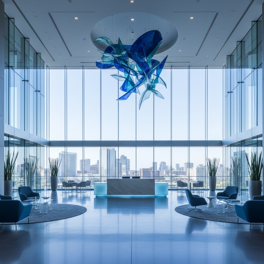 Modern corporate lobby with glass walls and cool daylight, professional clean atmosphere, photorealistic, blue tones