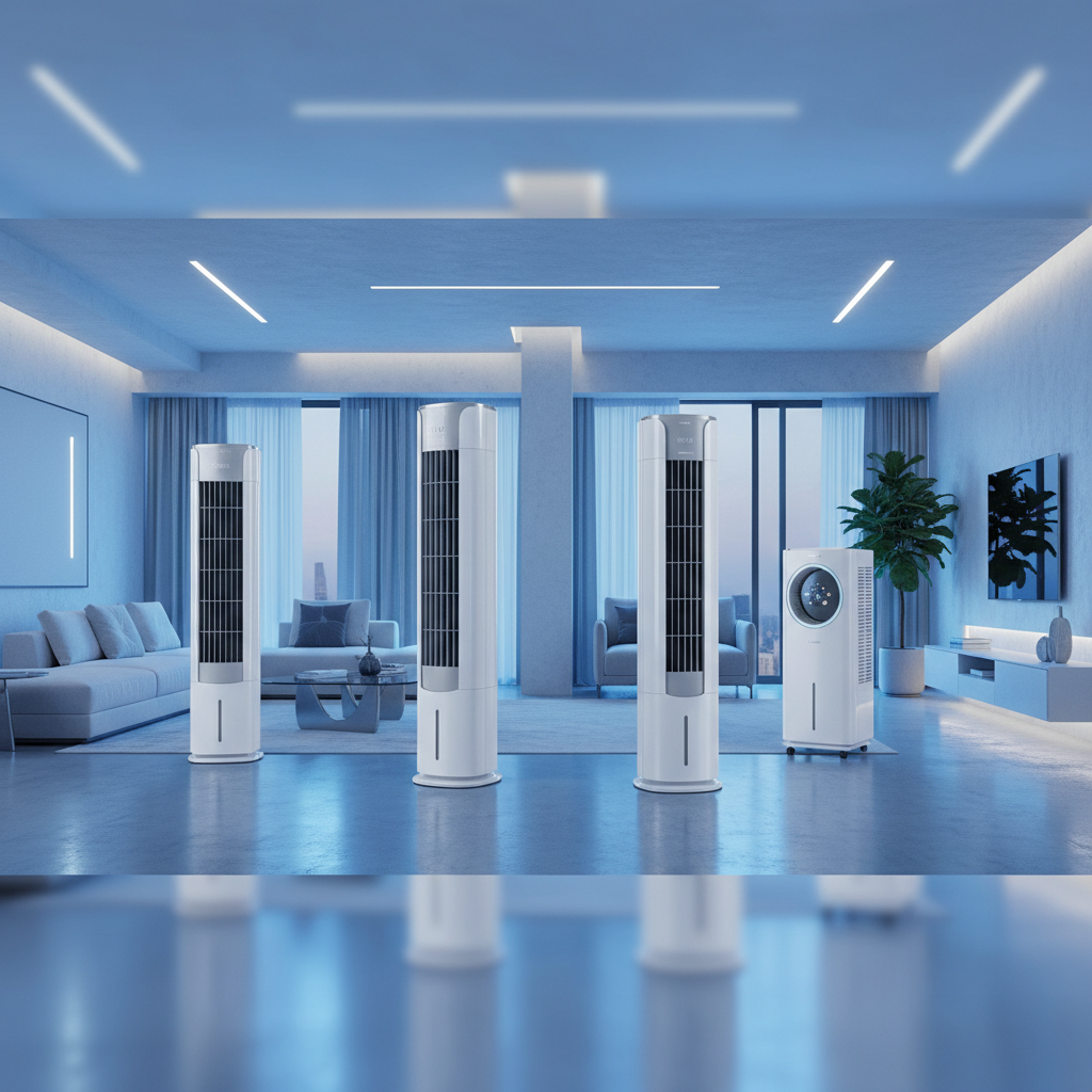 A collage of sleek, modern white air coolers standing in a beautifully designed modern living room with cool blue ambient lighting