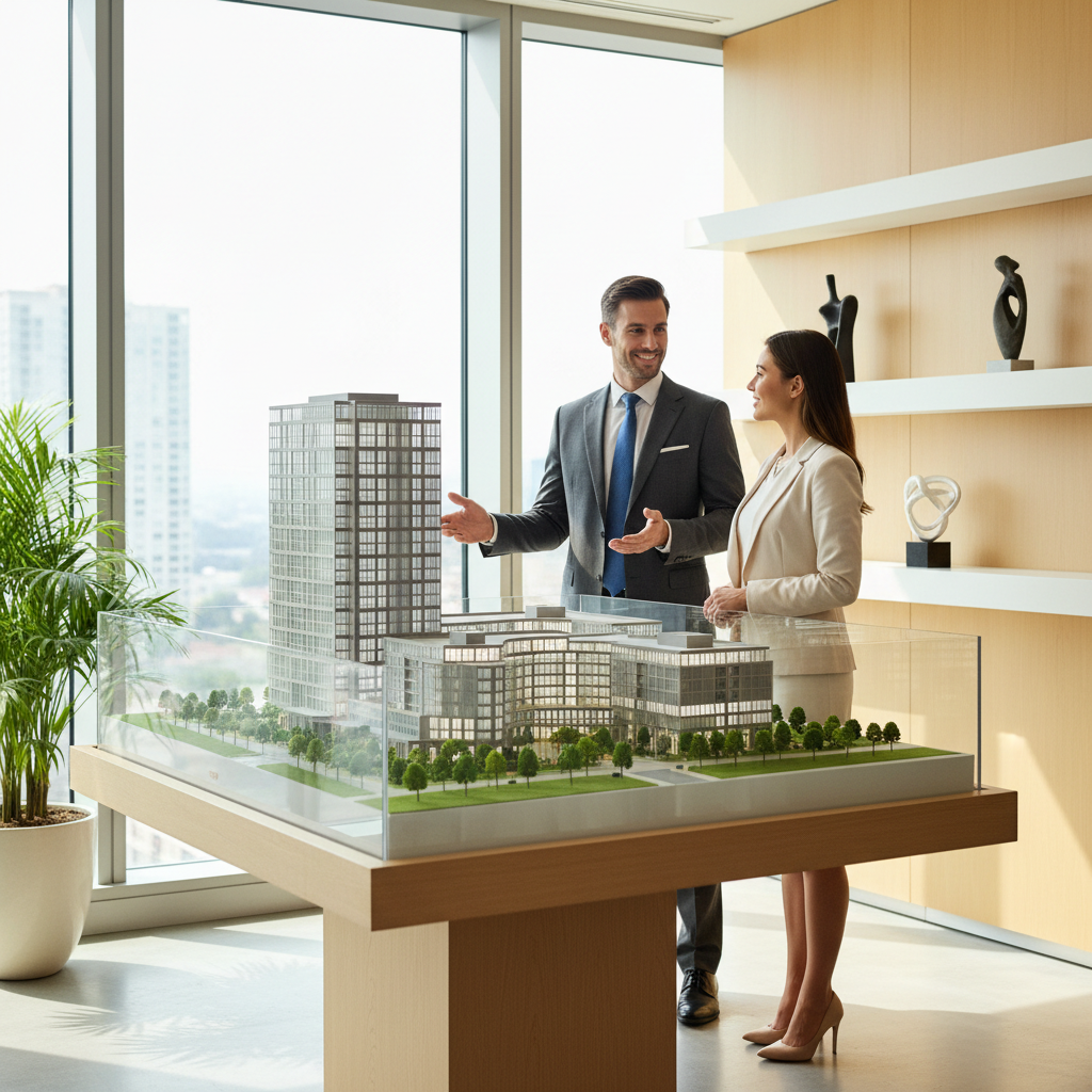 professional real estate agent showing a modern architectural model to a client in a bright office, business attire, handshake, high quality