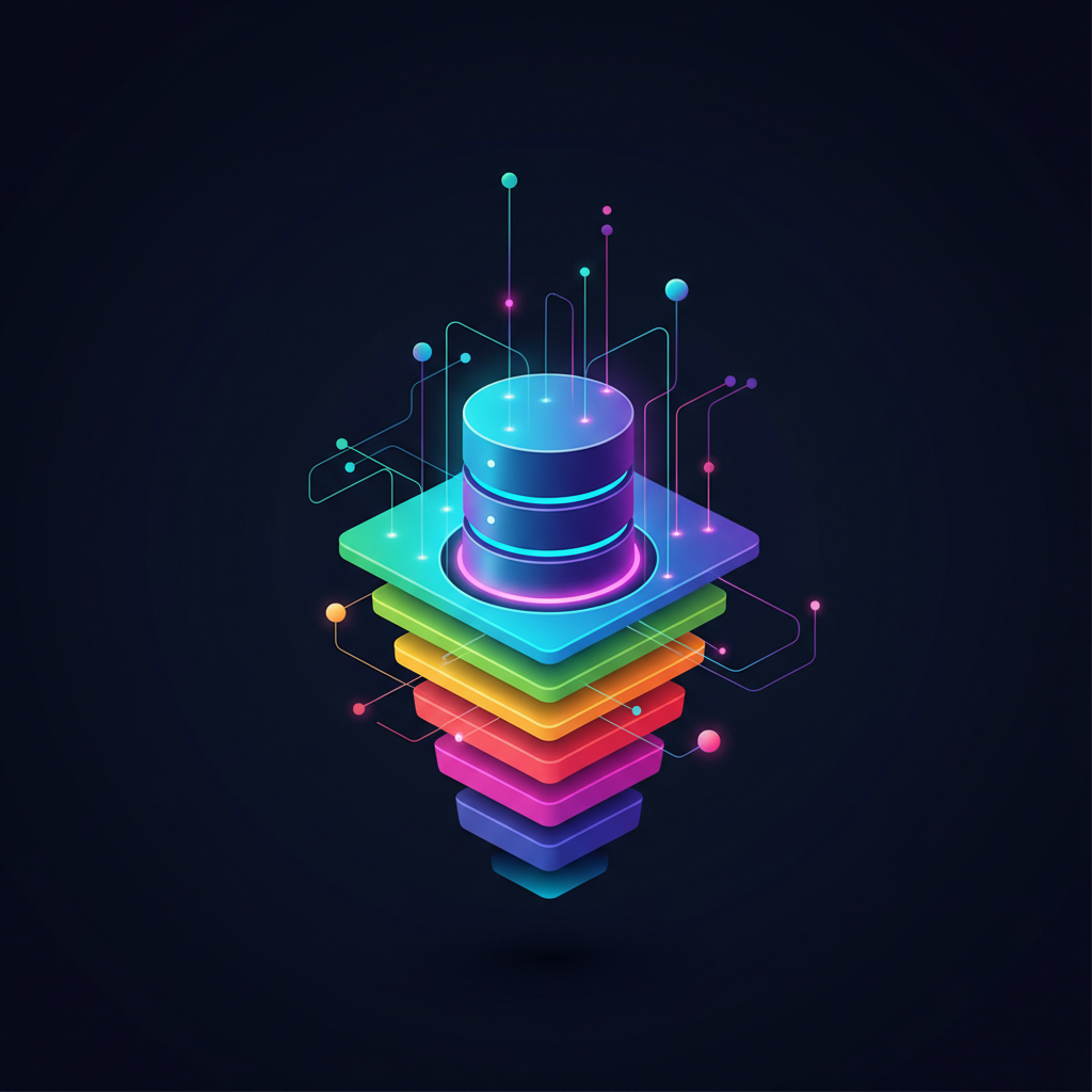 Colorful 3D infographic style illustration of data layers stacking into a central cylindrical database icon, glowing connections, dark background, cyan and magenta accents