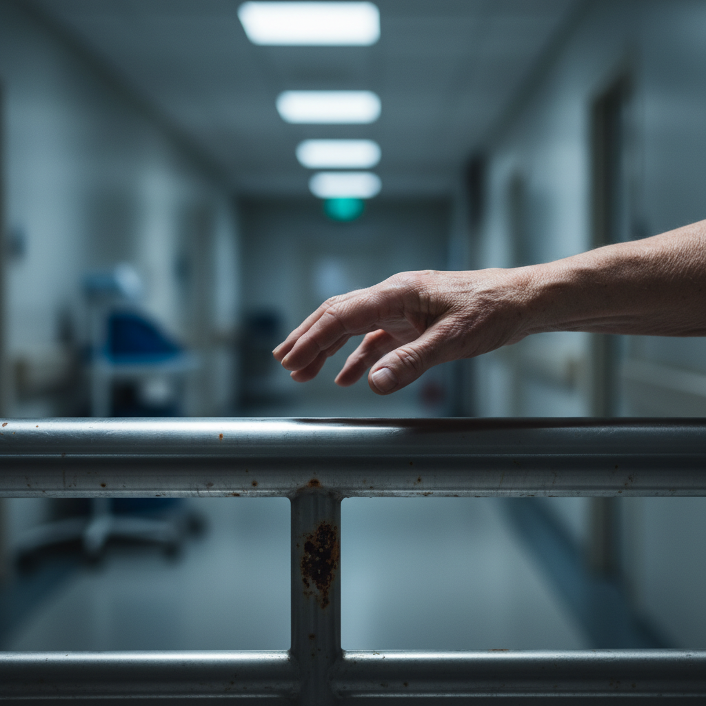 An elderly hand hesitating to grab a cold, sterile, rusted hospital railing, contrast lighting, emotional photography