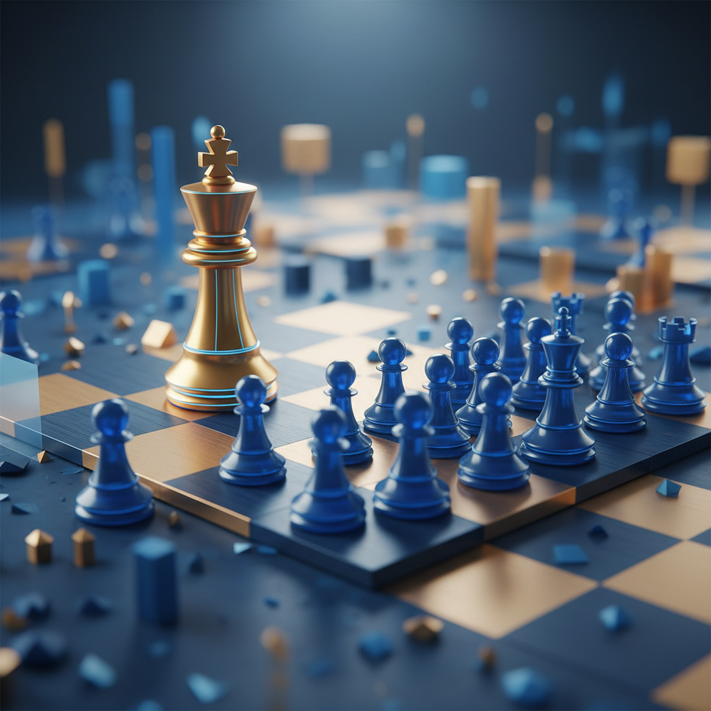 Abstract 3D illustration of a chessboard where one large king piece faces many small pawn pieces, representing monopoly versus competition, blue and gold color scheme, cinematic lighting, minimalist business style