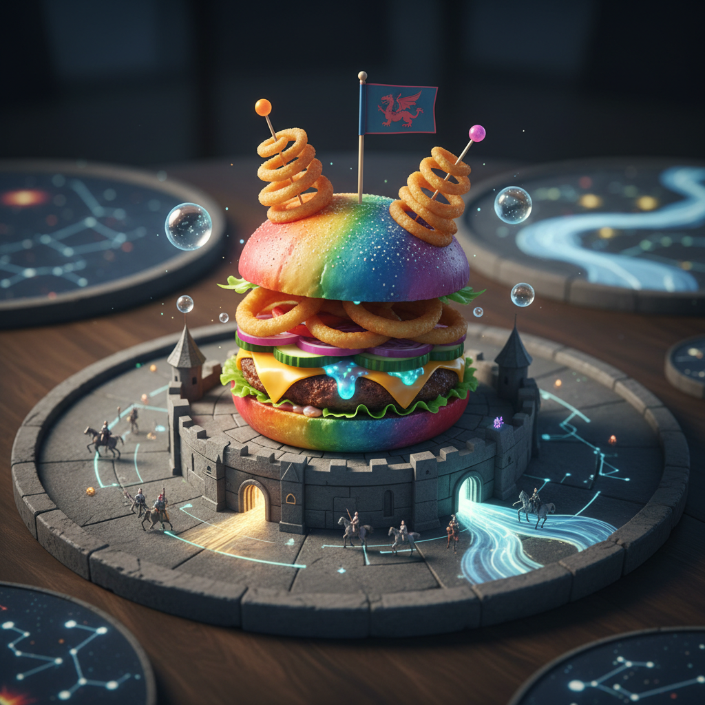 whimsical burger served on a castle turret plate, interactive digital tabletop projection, close up food photography