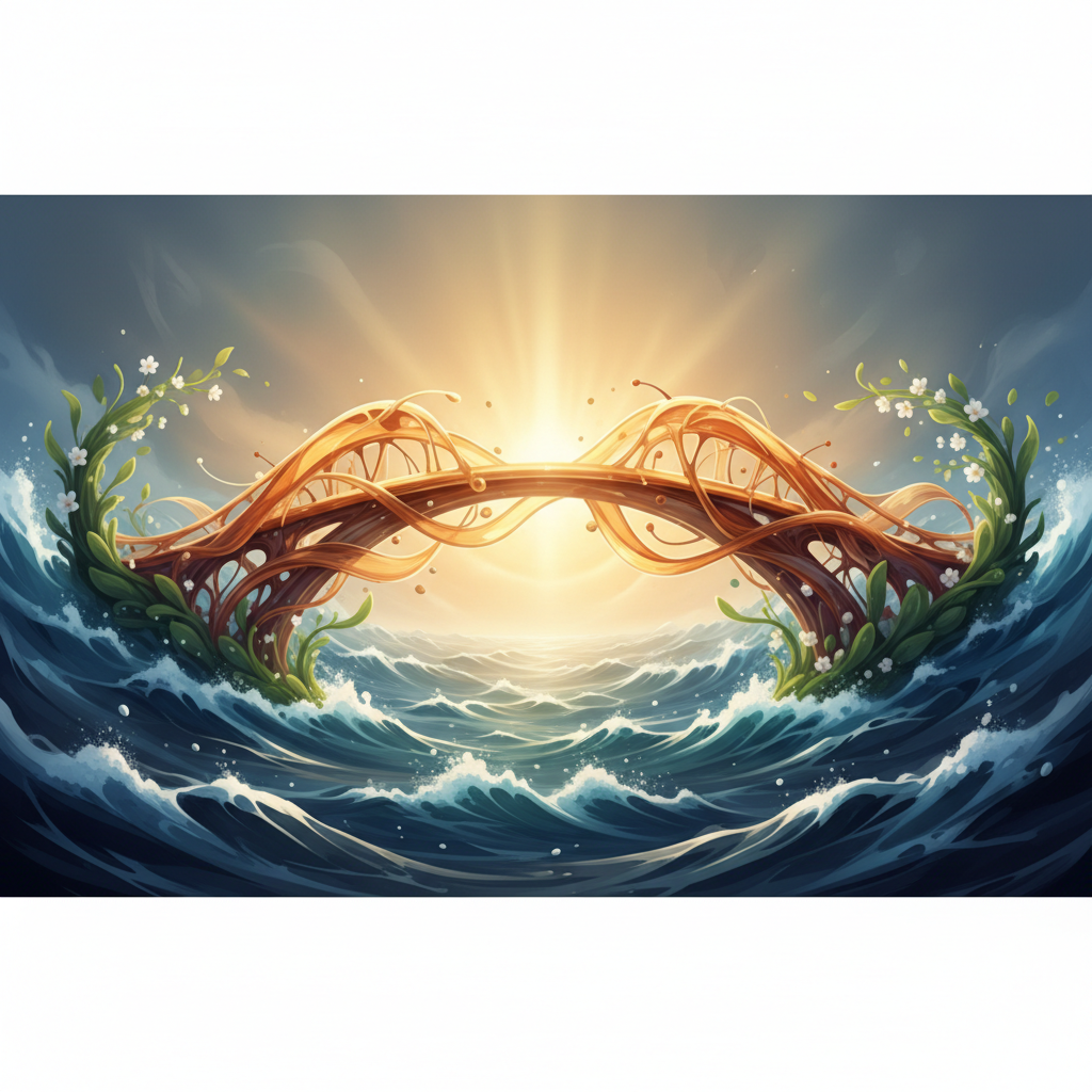 Abstract representation of a bridge being built over turbulent waters, symbolizing support, connection, and recovery. Warm, hopeful lighting. High artistic quality.