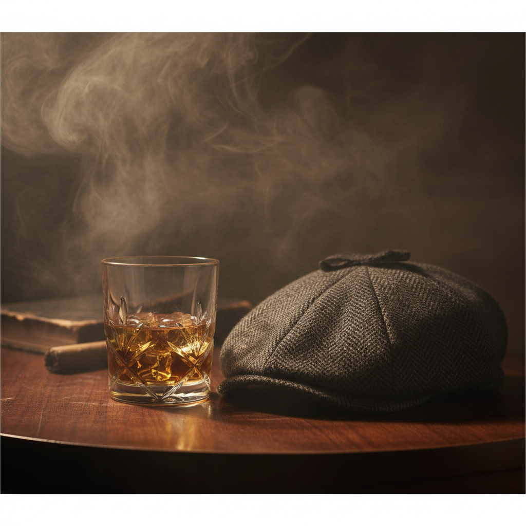 Vintage whiskey glass and a peaked flat cap on a dark wooden table, smoky atmosphere, 1920s detective style, highly detailed