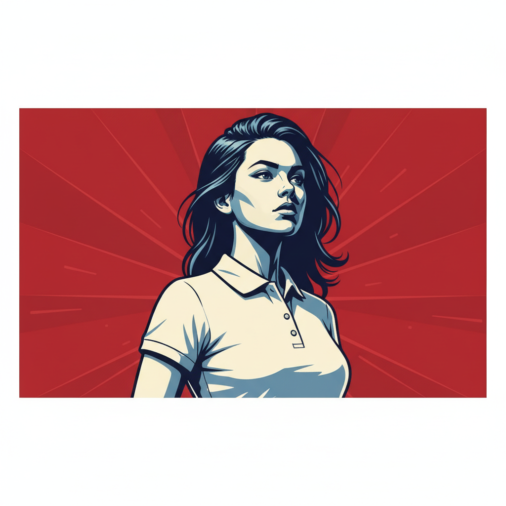 A bold cinematic propaganda poster of a resolute young woman in a white polo shirt, dramatic lighting from the side, deep red background, off-white skin tones, cool blue shading, looking heroically to the side, vector illustration style, graphic novel aesthetic, no text.