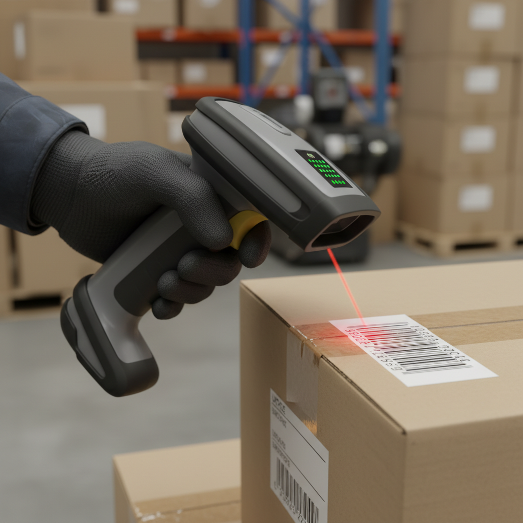 Close up of a handheld barcode scanner scanning a package in a warehouse, highly detailed, photorealistic