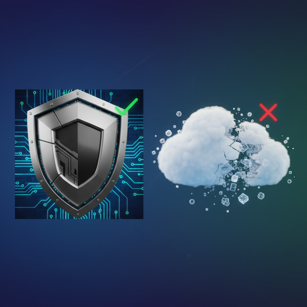 shield versus open cloud icon comparison, cybersecurity concept, metallic shield protecting data, versus fragile floating cloud, 3d render