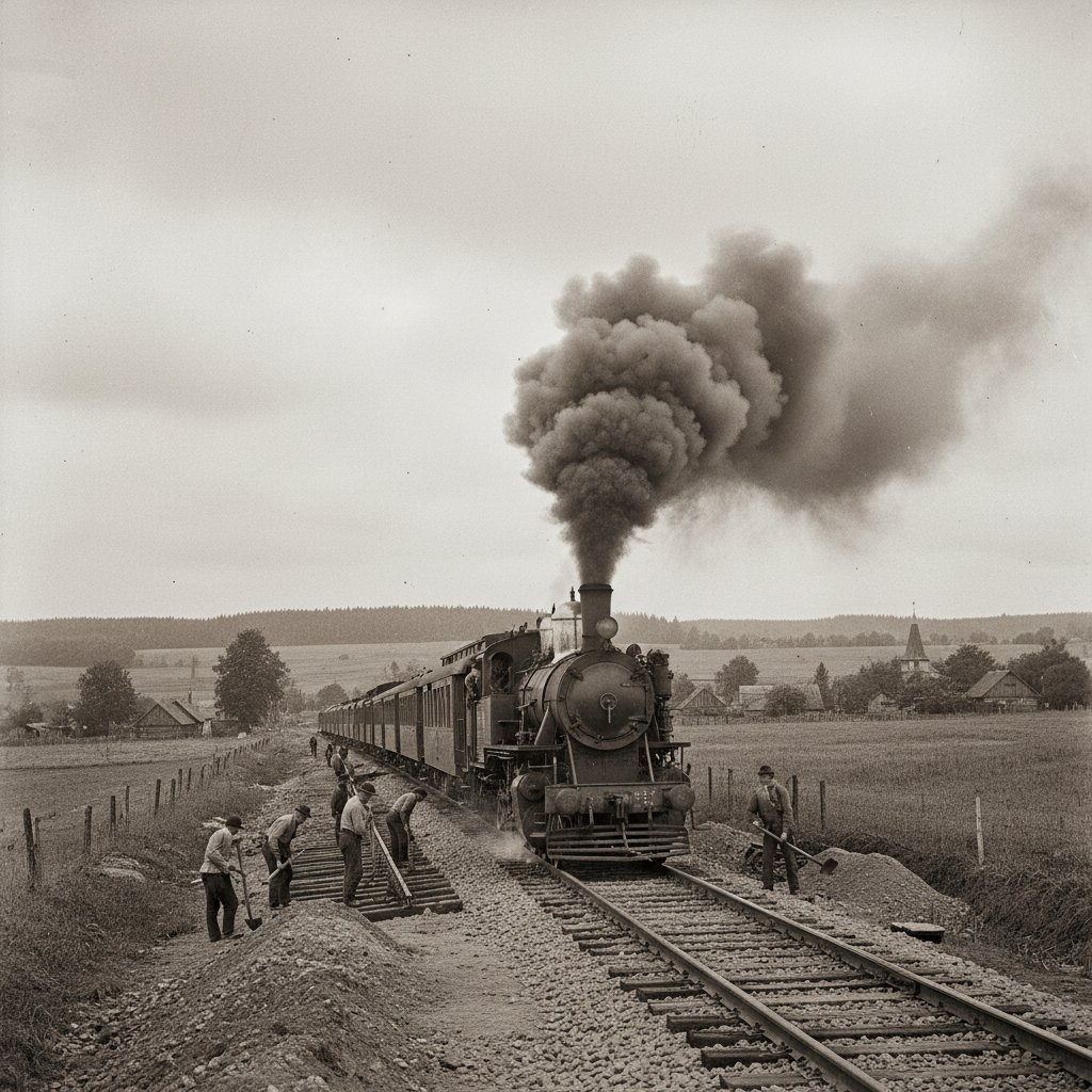 Old steam train travelling through a rural landscape in Belarus late 19th century, black smoke, railway construction, sepia style