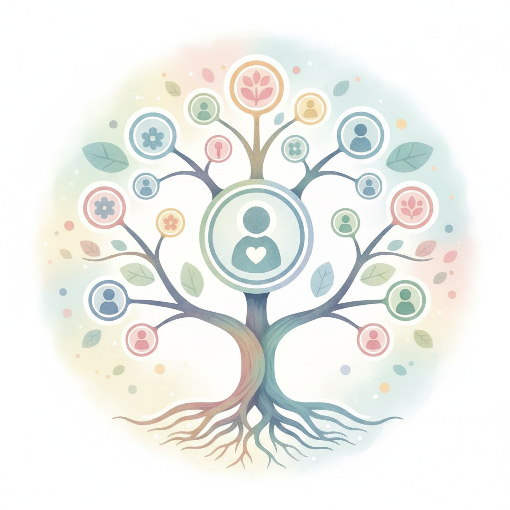 Illustration representing a family tree or adding a user profile icon, soft colors, family concept