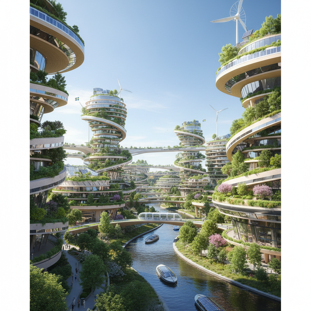 futuristic eco-friendly city sweden summer bright clean