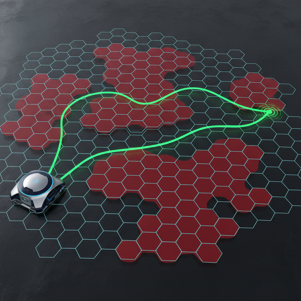 Top-down view visualization of a digital twin grid map showing an AMR robot path planning, avoiding red zones (obstacles) and following a green optimal path line