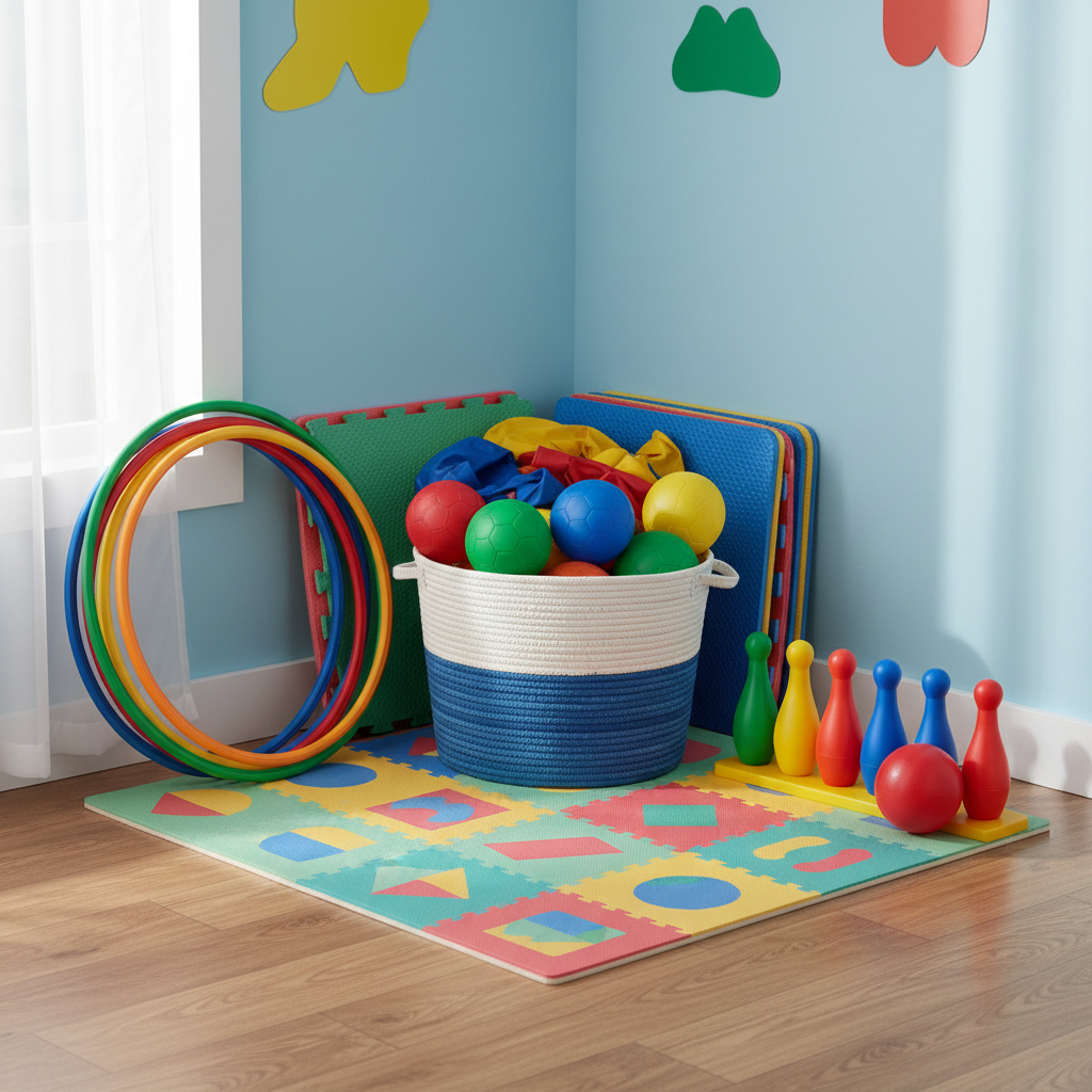 Kindergarten sports corner, balls, hoops, colorful mats, skittles, neat storage basket