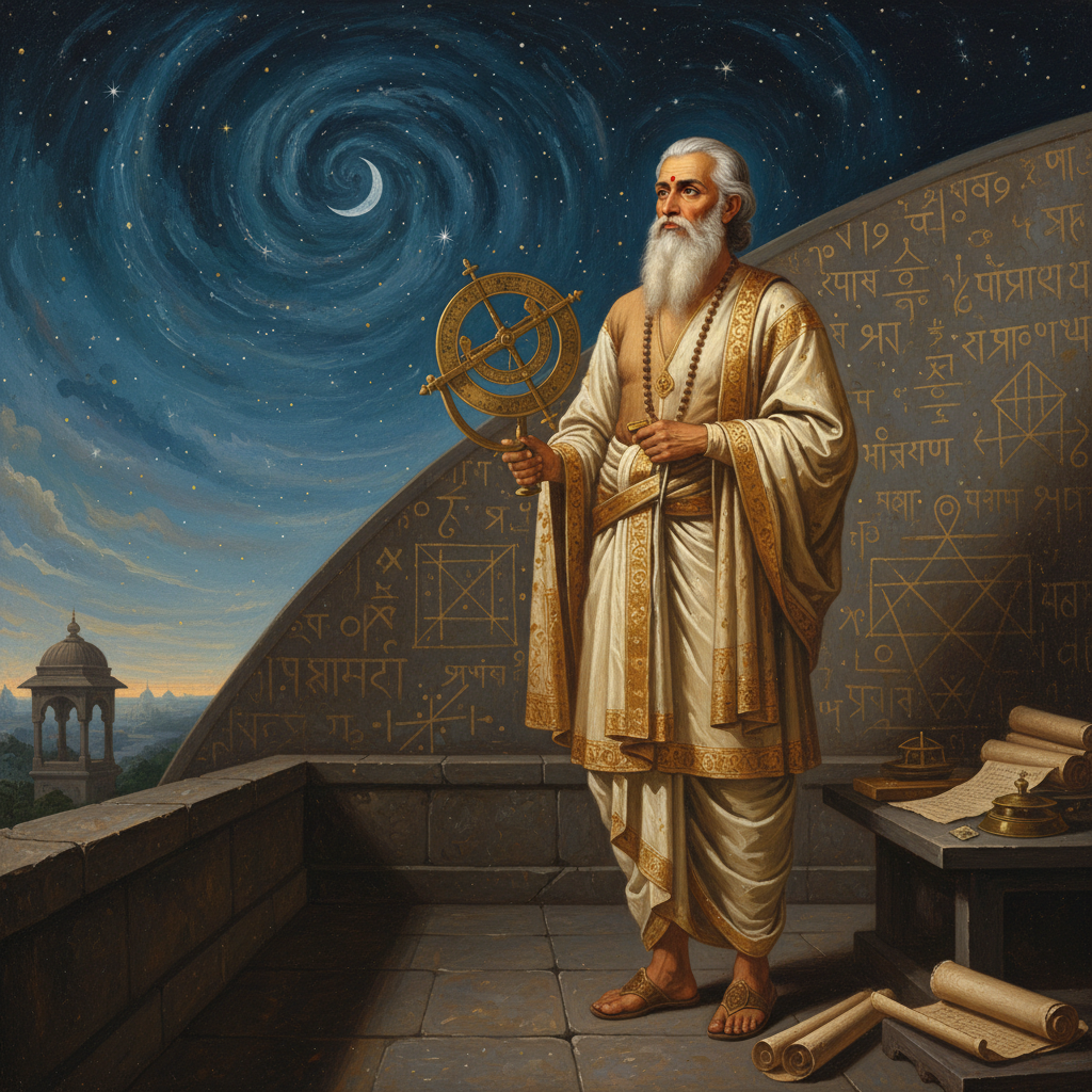 A respectful, artistic portrait of the Indian mathematician Aryabhata looking at the stars, with ancient Indian mathematical scripts in the background, style of classical art