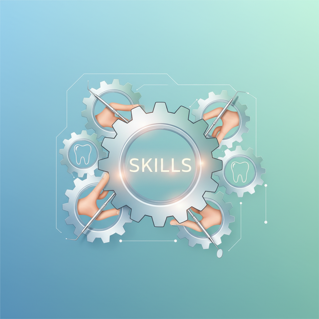 illustration of a tooth gear mechanism representing skills, or hands holding dental scaler perfectly