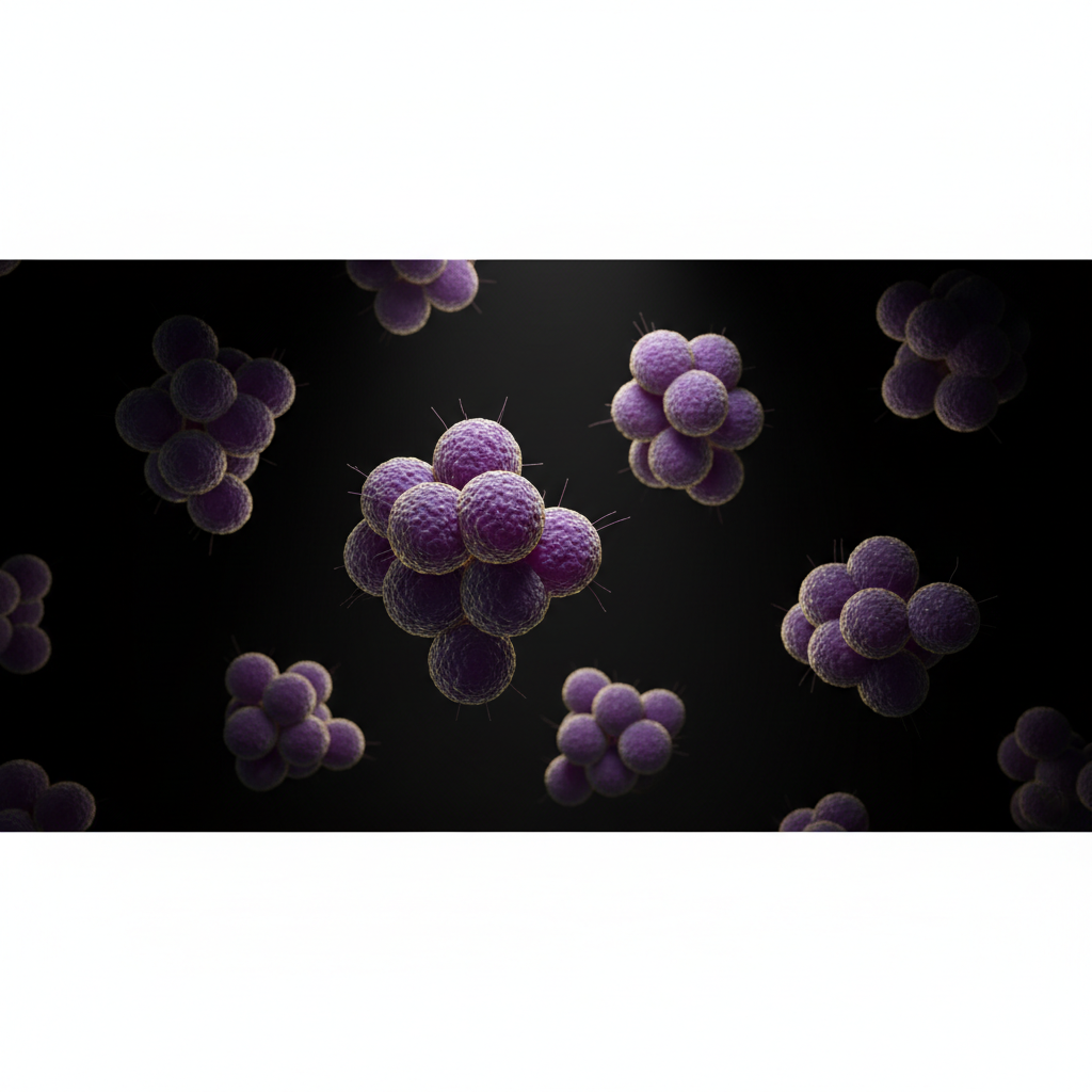 microscopic view of gram positive cocci bacteria clusters, dramatic lighting, dark background, scientific medical illustration