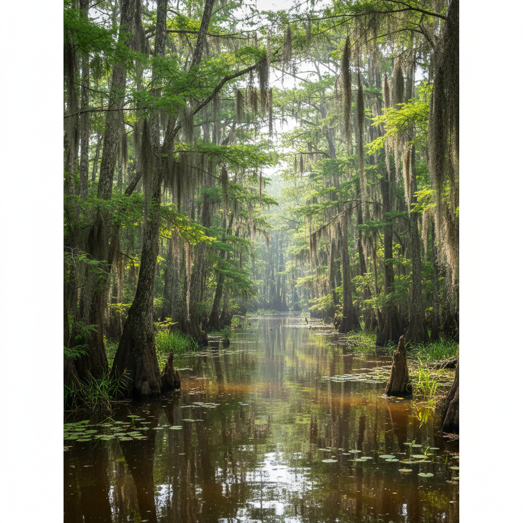 Dense, green swamp landscape of the Florida Everglades, moss hanging from cypress trees, mysterious and impenetrable, daylight