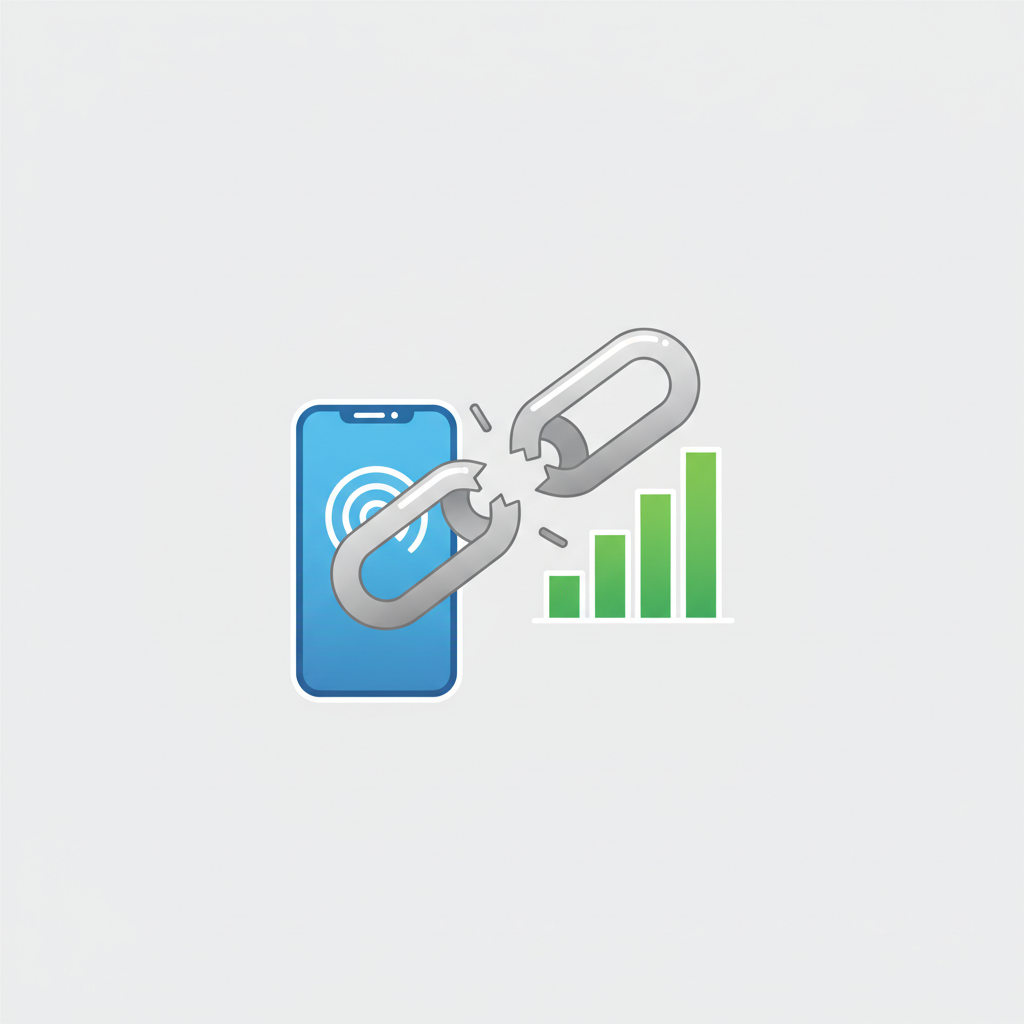 A minimalist illustration of a broken chain link connecting a smartphone to a graph, symbolizing disconnected communication in business, clean background, corporate style.