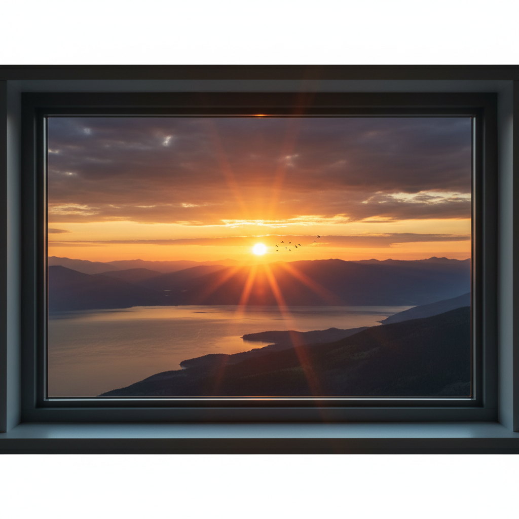 A view through a window looking out at a horizon with a sunrise, symbolizing looking towards the future with vigilance, high resolution