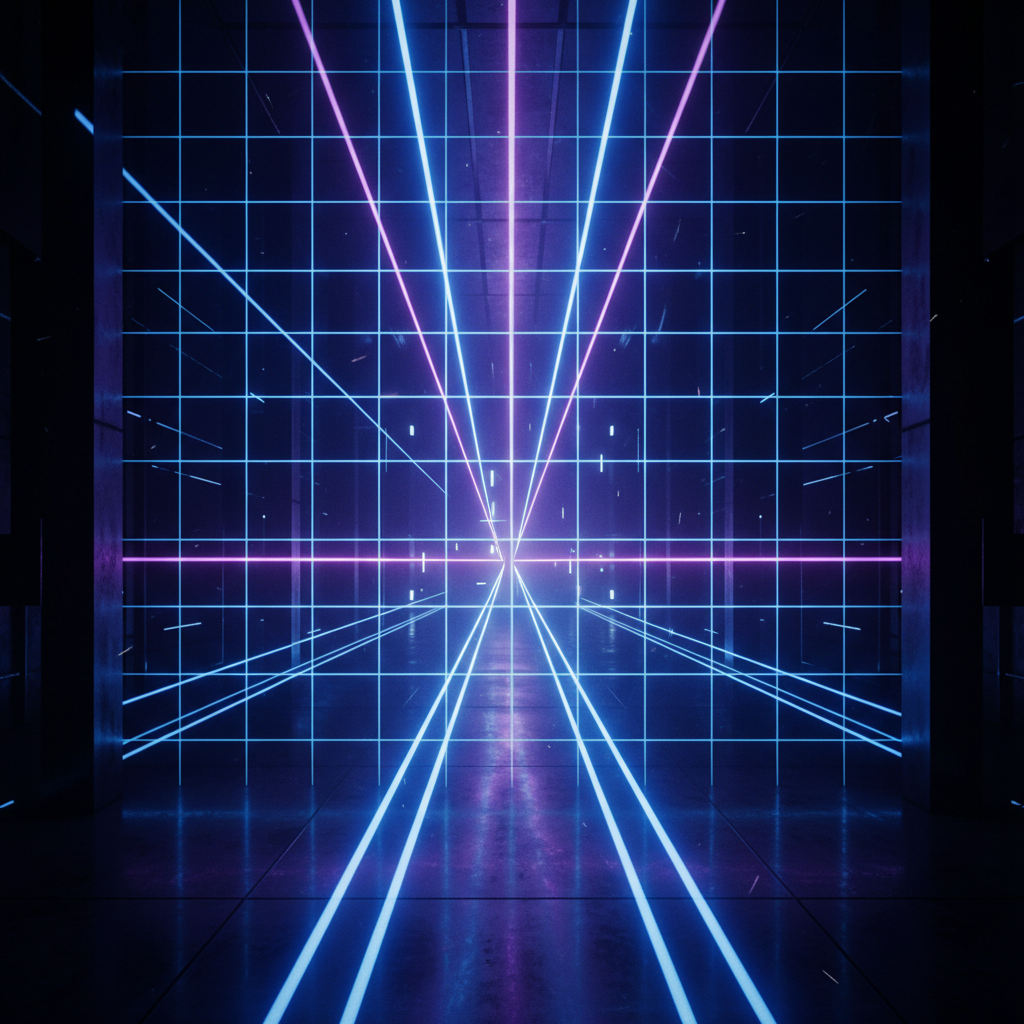 A glowing laser grid barrier forming a strict boundary in a dark futuristic environment, representing limitations